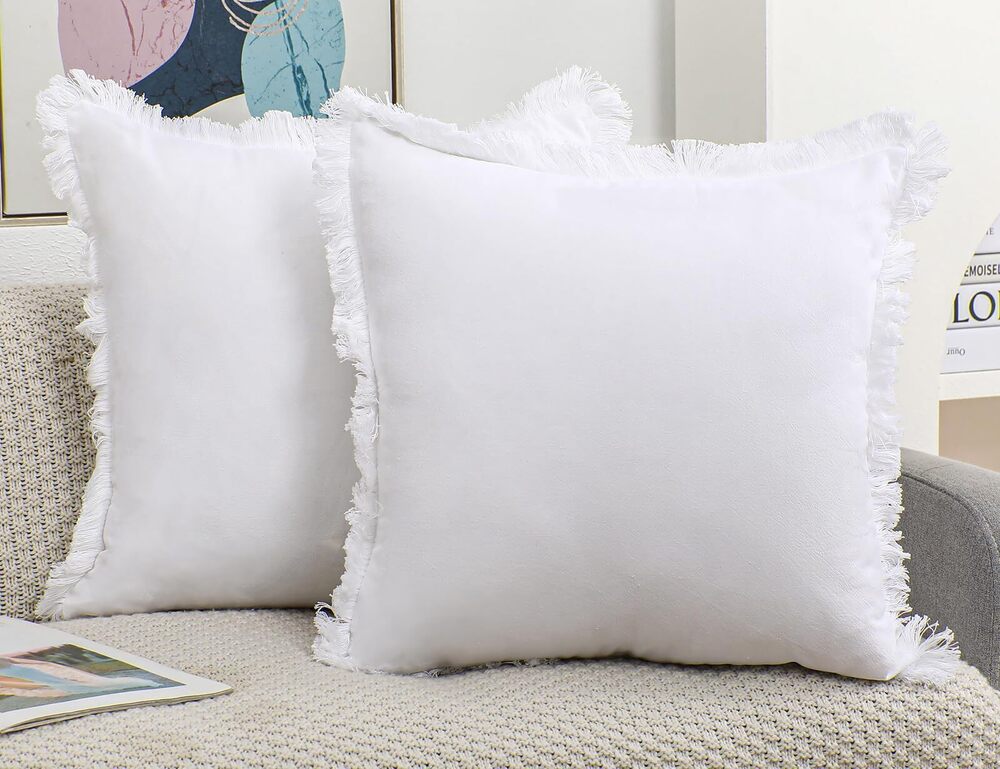 4755 Set of 2 Natural Linen Fringed Throw Pillow Covers,White Neutral